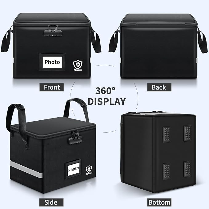 Fireproof Photo Storage Box with Lock, Holds 36 Inner 4"x6" and 3 Large 8"x12" Photo Cases, Waterproof Picture File Organizer, Portable Photos Boxes Containers for Valuables, Photos, Crafts, Documents