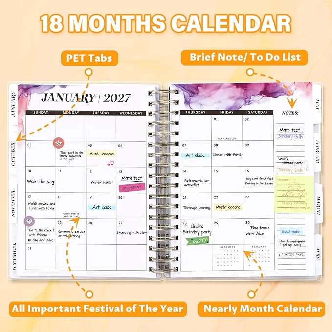 Planner 2026-2027, Large 18 Months Academic Daily Weekly Monthly Planner Yearly Agenda Jan. 2026–June. 2027, 7.9" x 9.8", Page Tabs, Separator Page, Pocket Folder, Bookmark, Stickers, Sticky Note Set