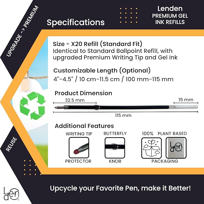 Pack of 12 Gel Ink Refill for Retractable Pens, Fine Tip Point 0.5mm, Black Ink, Fits Retractable Pen, Universal Size Refill, 115mm/11.5cm/4.5 inches (Black, 115mm, Fine Tip)
