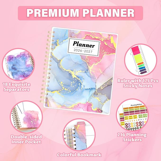 Planner 2026-2027, Large 18 Months Academic Daily Weekly Monthly Planner Yearly Agenda Jan. 2026–June. 2027, 7.9" x 9.8", Page Tabs, Separator Page, Pocket Folder, Bookmark, Stickers, Sticky Note Set