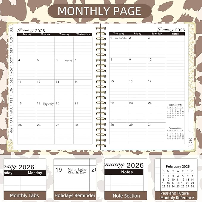 2026 Planner, Jan.2026 - Dec.2026 Planner Weekly and Monthly 6.25"x8.5" with Page Tabs, Calendar Hardcover with Inner Pocket, Elastic Band, Twin-Wire Binding, Bookmark, Brown Leopard