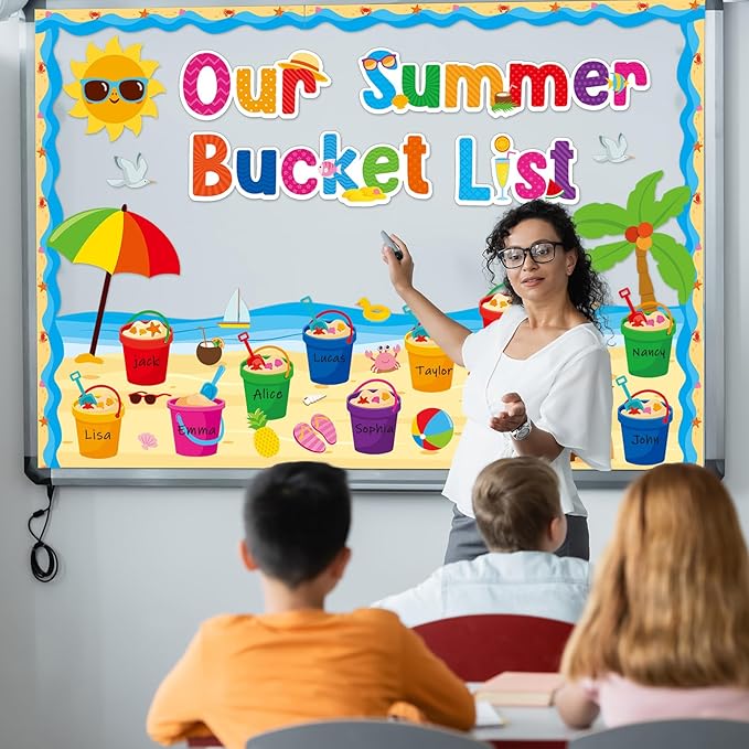 48Pcs Summer Bulletin Board Classroom Decorations Our Summer Bucket List Cutouts Hawaii Sun Beach Name Tags Tropical Hawaii Bucket List Paper Cutouts for Office School Home Chalkboard Classroom Decor