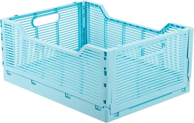 CTG Truu Design Folding Plastic Crates, 40.6 x 30.5 x 17.8cm, Sky Blue, 1Pack, Stackable Collapsible Storage Baskets Organizer for Home Office and Outdoor