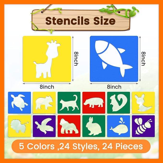 24 PCS Animal Stencils, 8 Inch Drawing Stencils Chalk Template Large Washable Reusable Jungle Animals Themed Primary Shape Template for Learning Painting DIY Craft