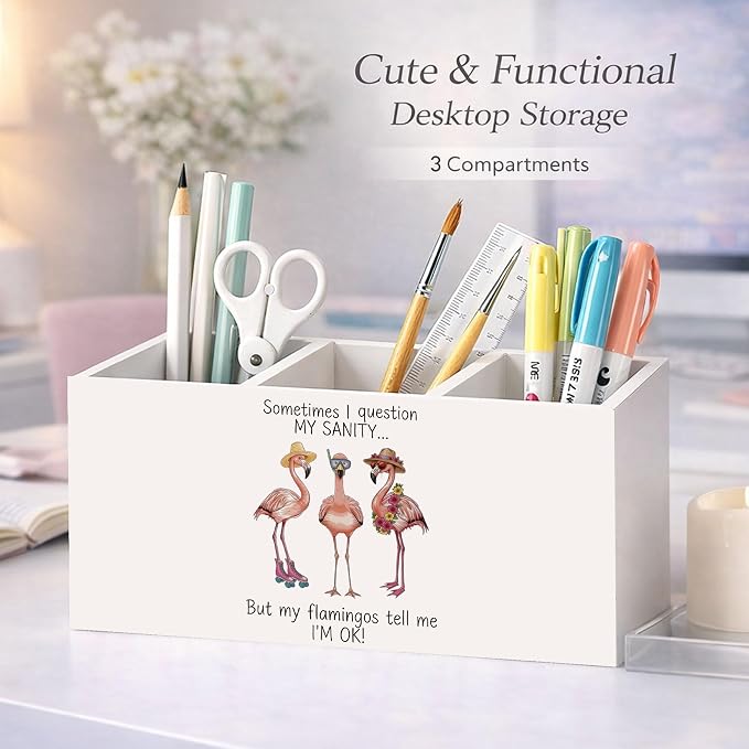 Flamingo 3-Compartment Desk Organizer, Wooden Pencil Holder for Pens, Pencils, Scissors, Ruler, Cute Flamingo-Themed Storage Box for Kids, Home & Office