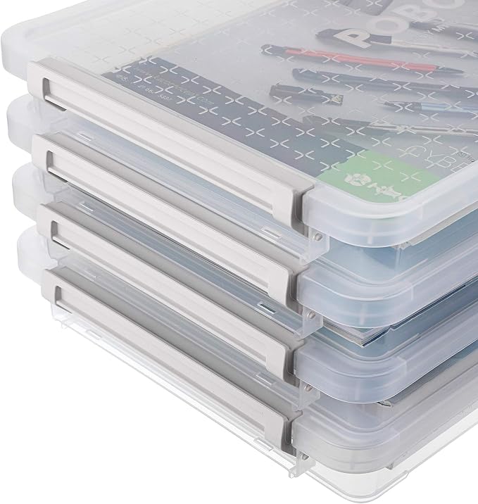 BTSKY 4 Pack A4 Plus Clear Plastic Stackable Storage Box Desk Paper Magazine Container with Buckle, Office Supplies Accessories File Protector Case Organizer, Portable Project Case Document Holders