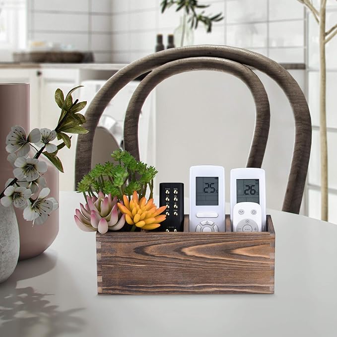 WuGeShop Wood Remote Control Holder 4 Compartments, Rustic Wooden Table Remote Caddy, Multi-use Desktop TV Remote Storage Organizers for Controller, Phones, Stationery, Office Supplies