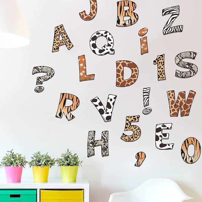 40 Sheets Safari Animal Prints Letters Cutout 4.8 Inch Jungle Bulletin Board Letters and Number Accents with Glue Point Dots for Classroom Baby Shower Safari Jungle Birthday Party Decors