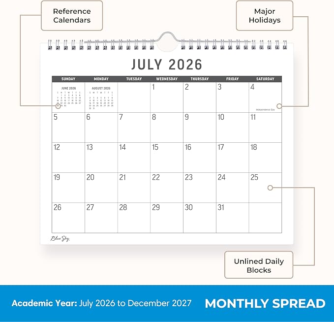 Blue Sky 2026-2027 18 Month Large Print Monthly Academic Year Wall Calendar, July 2026 - December 2027, 11" x 8.75", Durable Twin Wire Binding, Perfect For Home, Office And Classroom, Silver