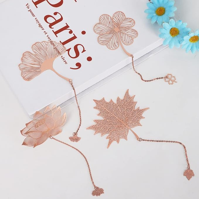 4pcs Vintage Metal Leaf Bookmarks with Pendant, 4 Styles Exquisite Hollow Metal Leaf Bookmark, Bookish Gift for Book Lovers Readers Teens Adults Women Men