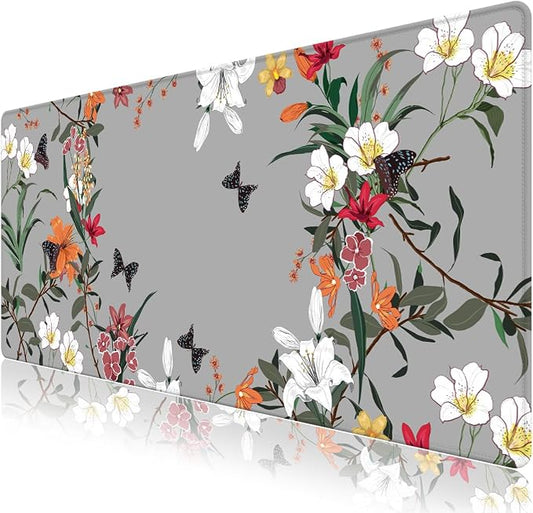 Desk Pad for Keyboard and Mouse, Large Mouse Pad for Desk, Non-Slip Keyboard Mat, Computer Mats for Desk, Desk Pad with Stitched Edges for Office, Gaming I Gray Wild Grass Flowers