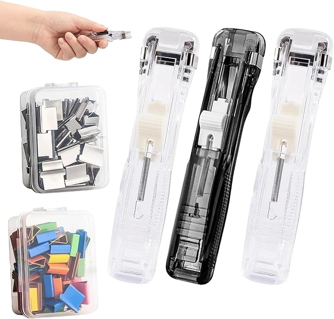2026 New Portable Binder Clip Stapler, Includes 100 Reusable Clips, Handheld Paper No-Punch Folder, Mini Push Stapler Clamp Staplers for Home, School, and Office Document Binding (3pcsA)