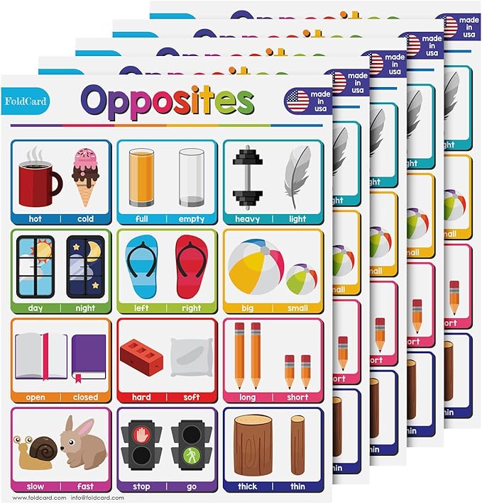 Opposites Chart for Preschool to Grade 1 Kids – Bright and Colorful Educational Visual/Learning Aid Poster Decoration for Classroom or Home | Glossy Durable Cardstock | 8.5" x 11" | 5 per Pack