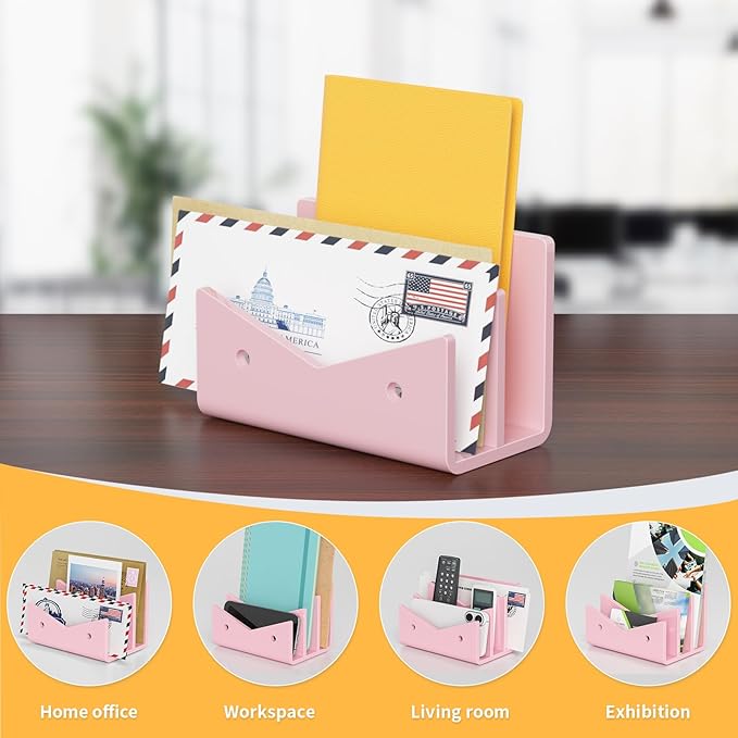 Mail Organizer Envelope Holder - 2 Compartments Pink Acrylic Mail Holder Countertop Vertical Desk Organizer Small File Bill Document Notebook Letter Sorter for Home School Office Supplies