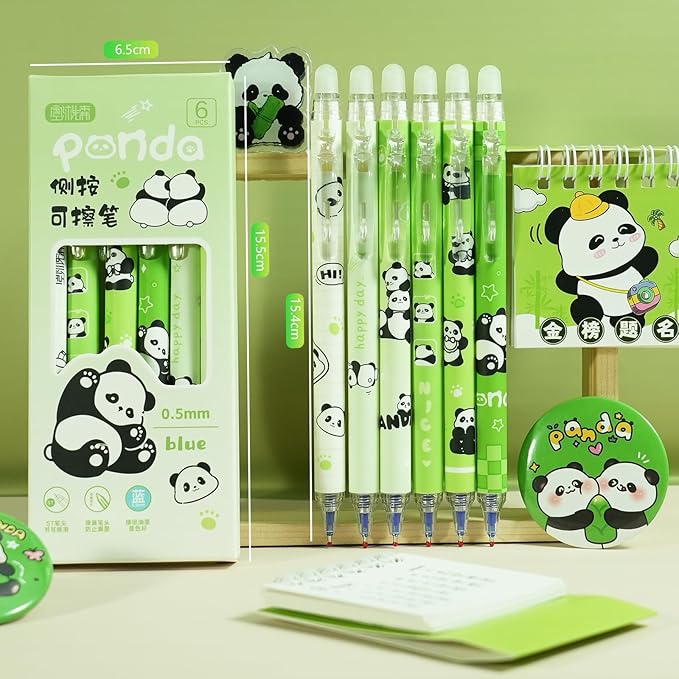 12-Pack Cute Erasable Pens, 0.5mm Fine Tip Blue Ink Retractable Pen, Adorable Capybara Stationery Set, Ideal for Office, School, Women and Men(Blue Ink - Panda)