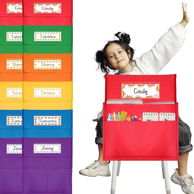 12 Pcs Classroom Chair Pockets, 15.9 x14.8 inch Chair Pockets for Classroom, 6 Bright Color Seat Sacks for Classroom Chairs, Buddy Pocket, Chart Seat Back Organizer with Name Tag