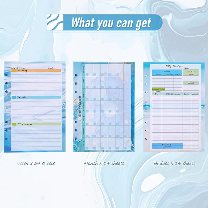 Toplive 3 Pack A5 Planner Refill 82 Sheet Colored Monthly Weekly Planner Refill Paper 6 Hole Budget Sheets Expense Tracker Inserts for A5 Binder Cover Bill Saving Organizer, Blue