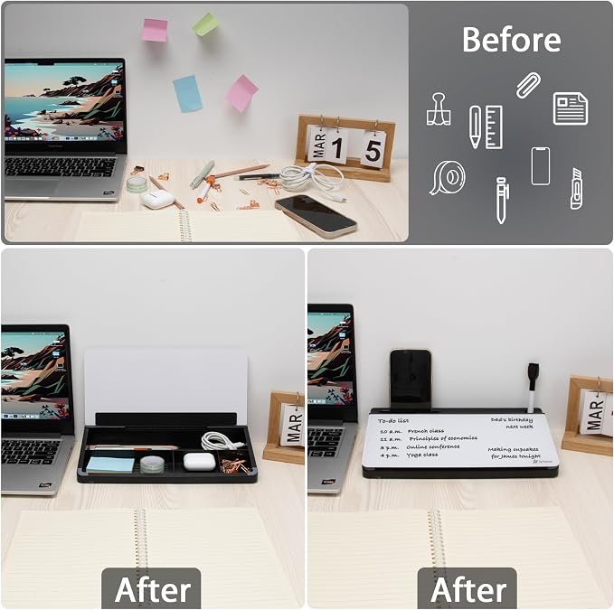 Varhomax Small Glass Desk Whiteboard, Dry Erase Desktop White Board with Storage Caddy to-do List Desk Buddy Memo Notepad for Office, School and Home Office Accessories Supplies (Black & White)