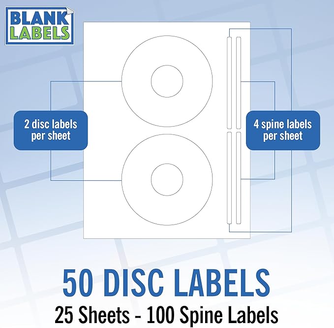 CD/DVD Label Full Face | Qty 50 Disc, 100 Spine | 25 Sheets Total | Permanent White Matte | Compatible with Inkjet and Laser Printer | Blank Labels