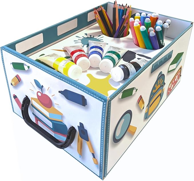 Lavatelli: School Organizer Box - Lid & Handles, Decorative Cardboard Storage, Dividers, Pen Holder, Classroom-Home-Office-Desk, 12.8 x 8.9 x 5.9