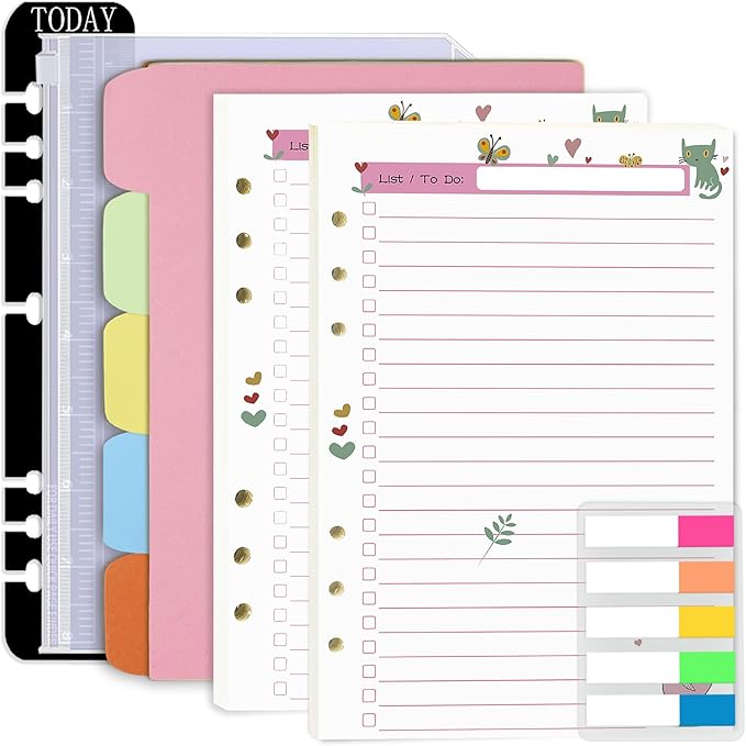 Rancco A5 Planner Inserts to Do List, 90 Pages Colorful 6-Ring Loose-leaf Planner Refills w/Binder Divider, Zipper Pouch, Ruler, Index Tab for Personal Journal, Filofax, Double-sided,Undated,5.5×8.3"