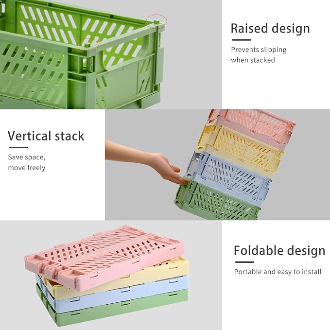 4 Pack Pastel Crates for Storage, Plastic Folding Basket, Colorful Small Storage Containers for Bedroom Office Classroom Bathroom Desktop Drawer Organizer Decor (9.8x6.5x3.8inch)