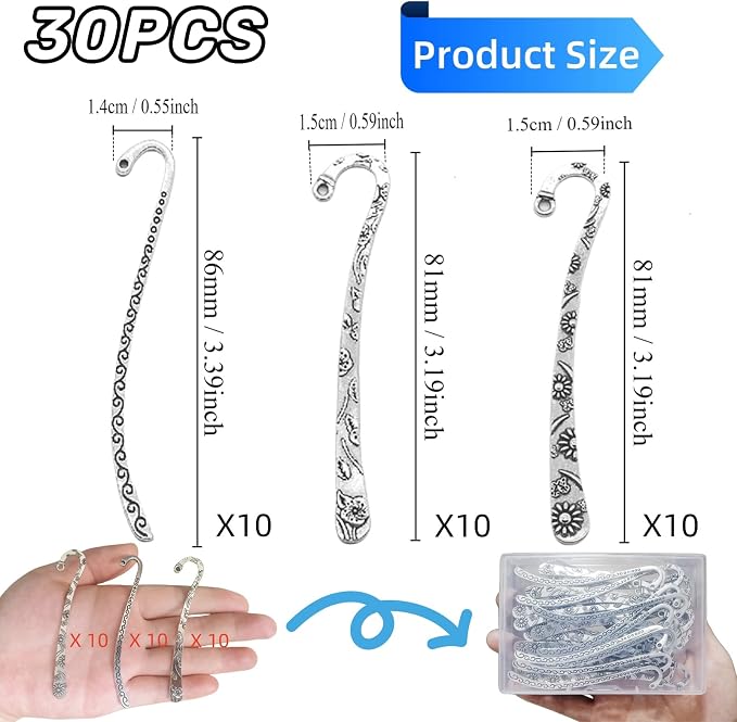 Generic 30 Pack Metal Bookmark - Silver Metal Bookmark Hairpin Hook Carved Antique Vintage with Loop Metal Book Markers Embossed Bookmarks, Jewelry Making Charms