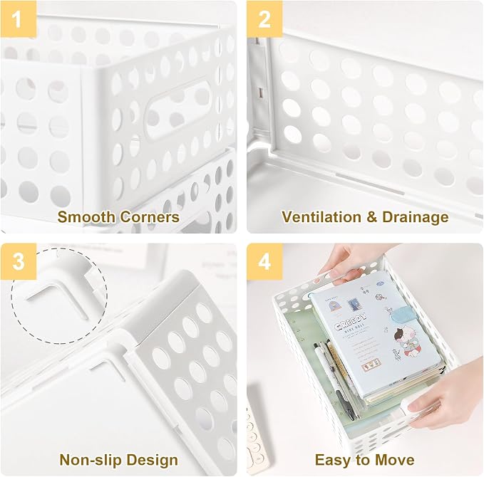 SAYEEC 2 Pack Mini Foldable Plastic Baskets for Organizing Collapsible Crate with Handle Stackable Storage Bin Small Storage Container Box Caddy Desk Drawer Organizer for Home Office Classroom (White)