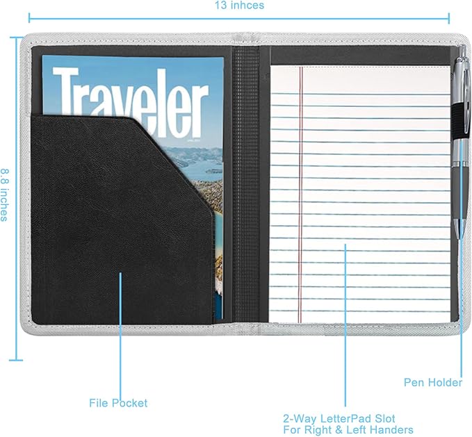 A5 Padfolio Business Portfolio Folder,Junior Size Document Folder Organizer, Padfolio with Interior Pocket and Pen Loop, 5 x 8 Writing Pad Included. Silver