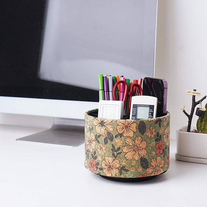 Round Leather Art Supply Organizer,Remote Control Holder,360 Degree Spinning,Multi-Functional Pencil Holder,4 Compartments Desktop Stationary Organizer(1-Wood Leather Green)