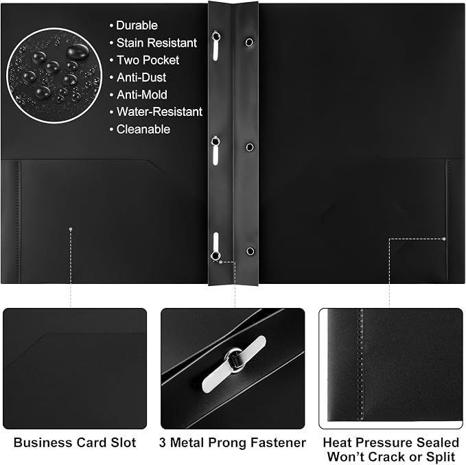 Cholemy 72 Packs Pocket Folders with Prongs Heavy Duty Plastic Folder with Business Card Slot 3 Prong Fasteners for School Office (Stylish)