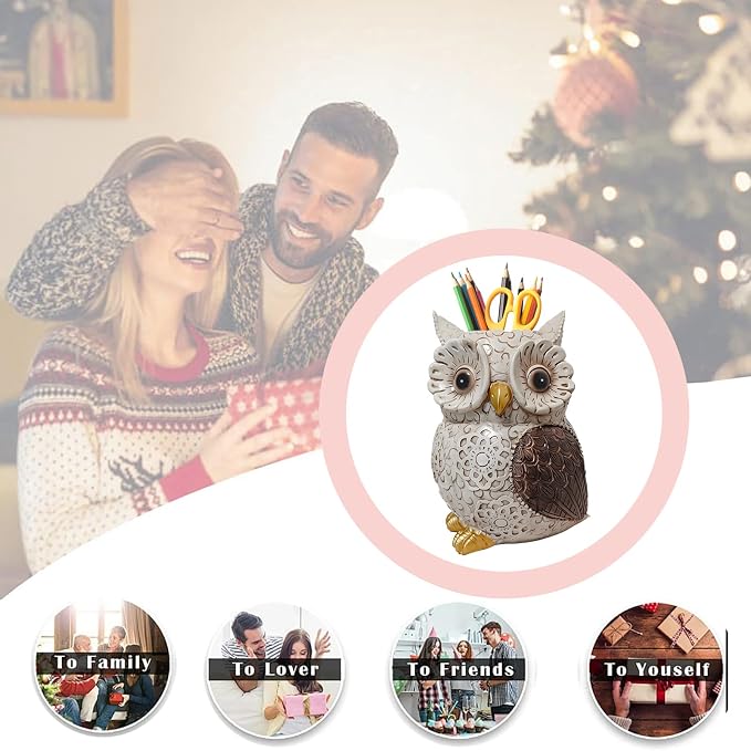 MUAMAX Owl Pen Holder, Owl Pencil Holder for Desk, Makeup Brush Holder Resin Resin Desk Organizer Decorative Accessories, Cute Pencil Cup Pot Desktop for Office Supplies, Classroom, Home
