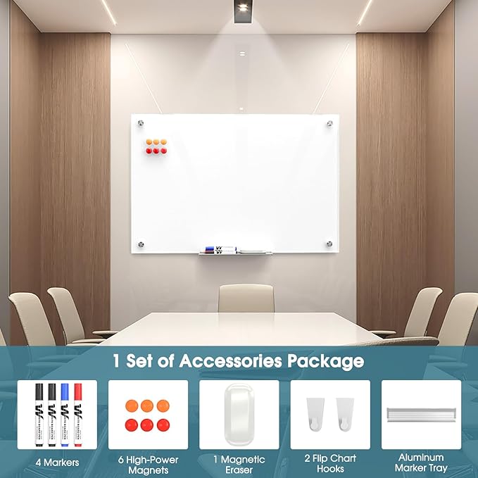 MaxGear Glass Whiteboard Wall Mounted, Frameless Magnetic Dry Erase Board, Tempered Glass, Steel-Backed, Non-Porous Smooth Surface, Floating Design, Accessories Included, for Office Home Classroom
