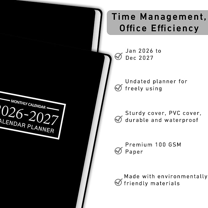 Monthly Planner Jan 2026 - Dec 2027, Monthly Planner for 24 Monthes, 9×11 Inch, Teacher Monthlys, Hard PVC Cover, Spiral Bound, Time Management Calendar, Perfect for School & Office (Black)