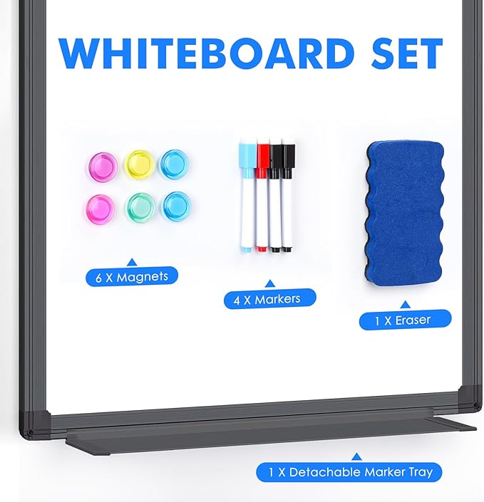 Magnetic Dry Erase Board for Doors, 36x24 Inch Whiteboard with Adjustable Long Arm Hook Mount - Easy to Install, Portable Hanging White Board for Home, Dorm Room, Office Cubicle & Small Spaces(Black)