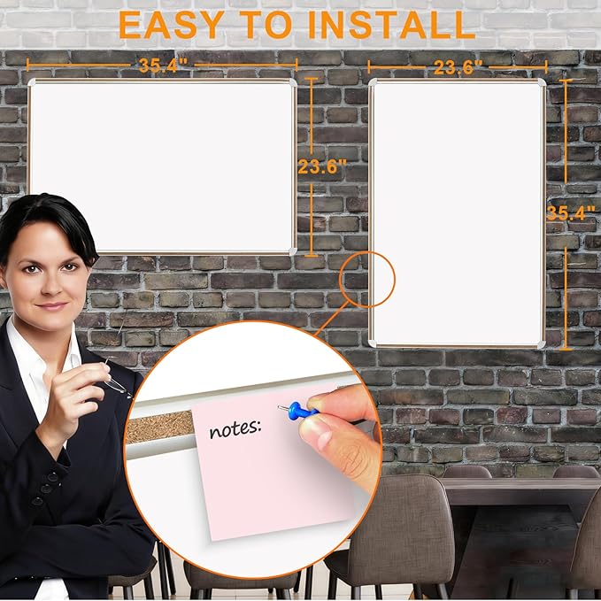 Large Magnetic White Board for Wall,Aluminum & Cork Strip Frame Whiteboard for Office,Presentation Dry Erase Board Wall Mount,Large Whiteboard for School Classroom Huge Whiteboards (36" W x 24" H)