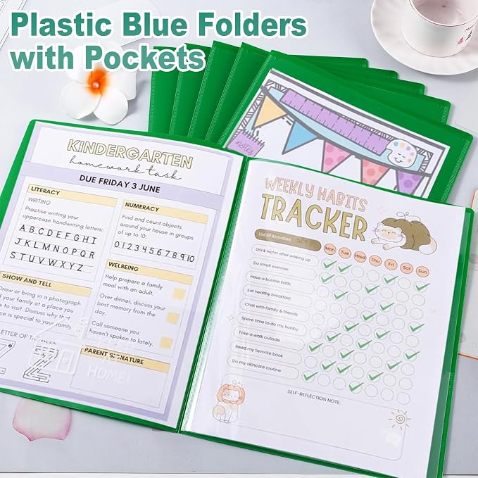 24 Pcs Back to School Take Home Folders for Elementary Students 2 Pocket Folders with Clear Front Pocket 4 Inner Pockets Plastic Parent Teacher Communication Folder 11.81 x 9.45 Inch (Green)