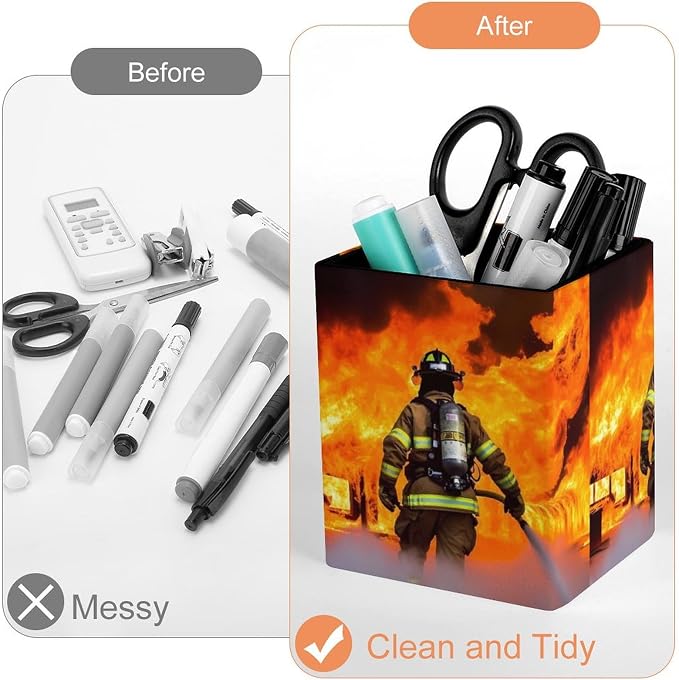 Firefighter Fireman Flame Pencil Holder Waterproof PU Pen Cup Holders Women Makeup Brush Holder Desktop Pen Organizer for Office Desk Accessories