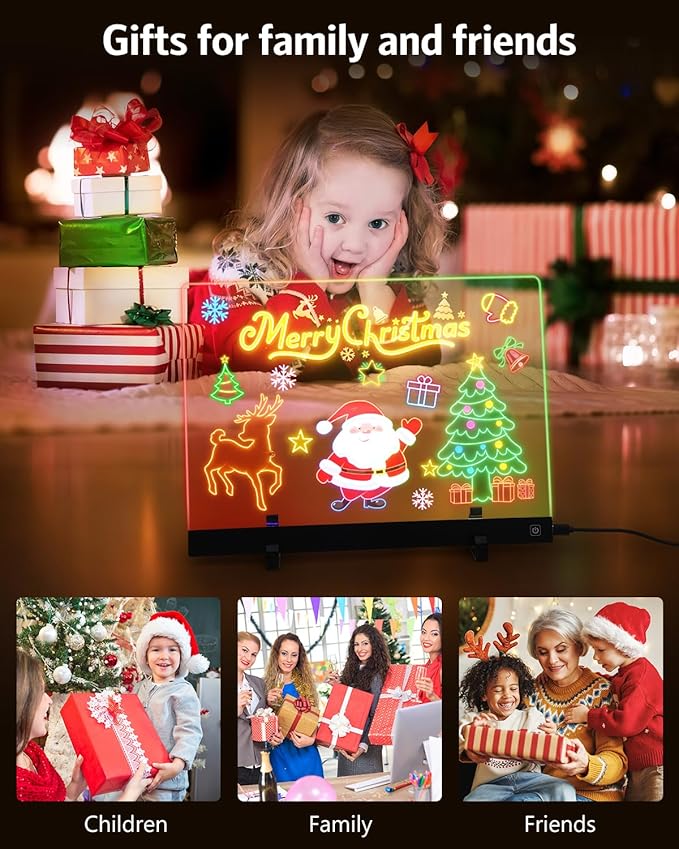 AMIR LED Note Board with Colors, 13.7“x10” LED Drawing Board Acrylic Dry Erase Board with 4 Light Colors, Brightness Adjustment, Stand, 7 Markers, 5 Copy Drawings Message Board for Home or Decor