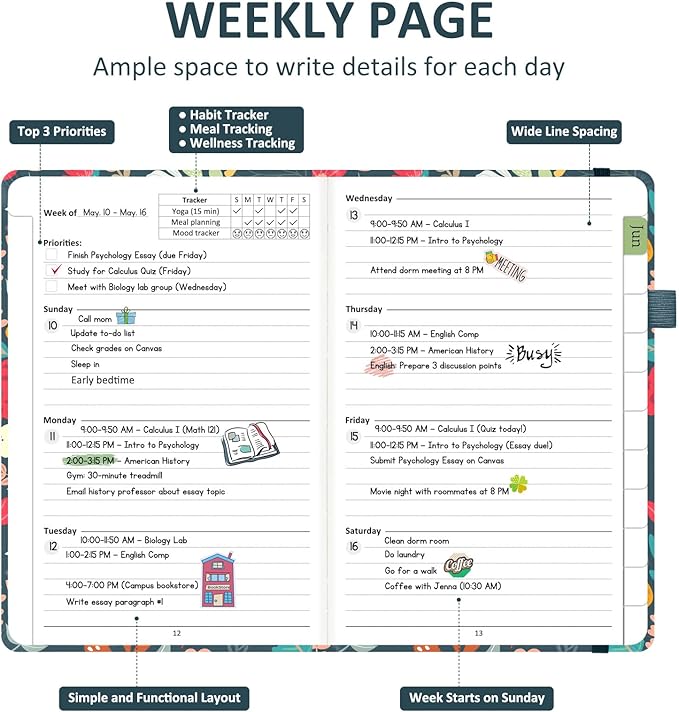 Comkiso Undated Weekly and Monthly Planner with Adhesive Tabs, A5 Dateless Academic Planner for Women & Men Daily Planning, Hardcover Leather All In One Planner for Home School Work Organizer (Boho)