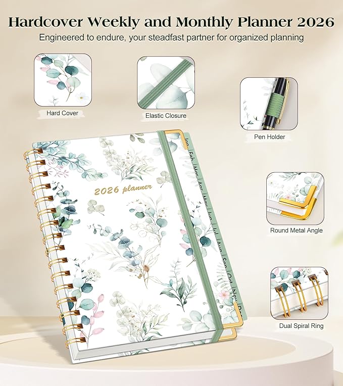 2026 Planner, Hardcover Weekly and Monthly Planner for Women, January 2026 - December 2026, Spiral Yearly Agenda Organizer Book 2026 with Tabs, Daily Calendar Planners for School Work Home, A5 (5.75" x 8.38"), Aesthetic Leaf