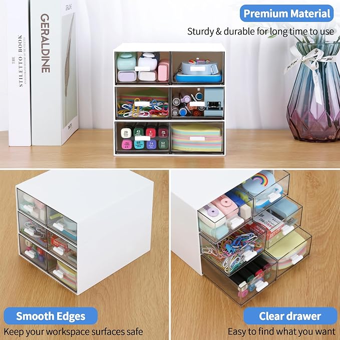 Desk Organizer with 5 Drawers, Rectangular Office Stationery Supplies Desktop Drawers, Plastic Makeup Storage, Suitable for Office, School, Home (White & 6 Drawers)