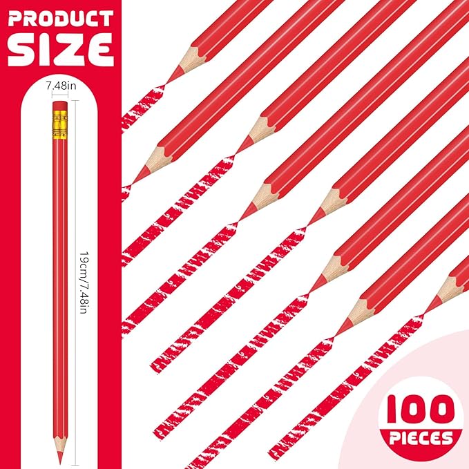 Sivak 100 Pack Red Colored Pencils with Eraser, Presharpened, Hexagonal, Erasable, Ideal for Drawing, Coloring, Marking, Grading, Teaching, Art, School