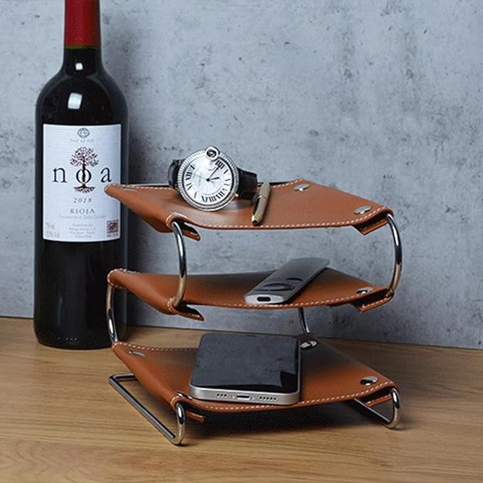 3-Tier Leather Desk Organizer, Classic/Elegant Brown Leather Desk Caddy for Office Supplies, Desktop Cosmetic Tray Organizer Storage Box