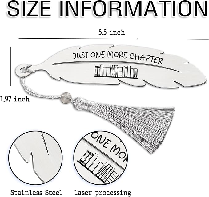 Just One More Chapter, Book Lover Bookmarks Gifts, Literary Bookmark, Laminated Bookmarks, Bookish Gift for Her, Graduation Season, Back to School Gift for Student, Metal Feather Bookmark VBK223