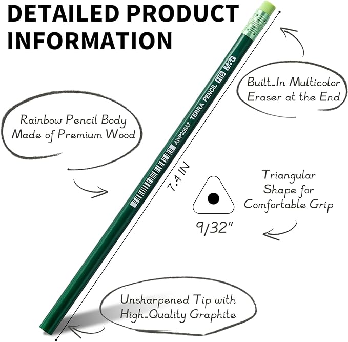 M&G Terra Series 24 Pack HB Triangular Wood-Cased Pencils, Unsharpened with Matching Erasers, Smooth Writing Break-Resistant Core, 6 Solid Metallic-Tone Colors for School Office Classroom Supplies