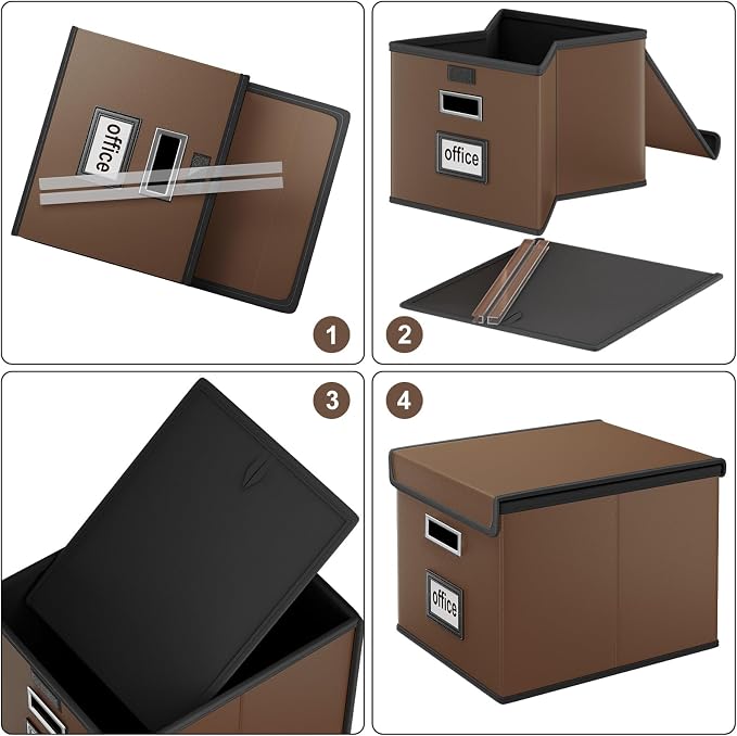File Organizer Box with Lid, Collapsible Leather File Folder Organizer for Office Document Storage, Filing Box with Plastic Slide for Letter/Legal Size Hanging Files, Dark Brown, 4 pack