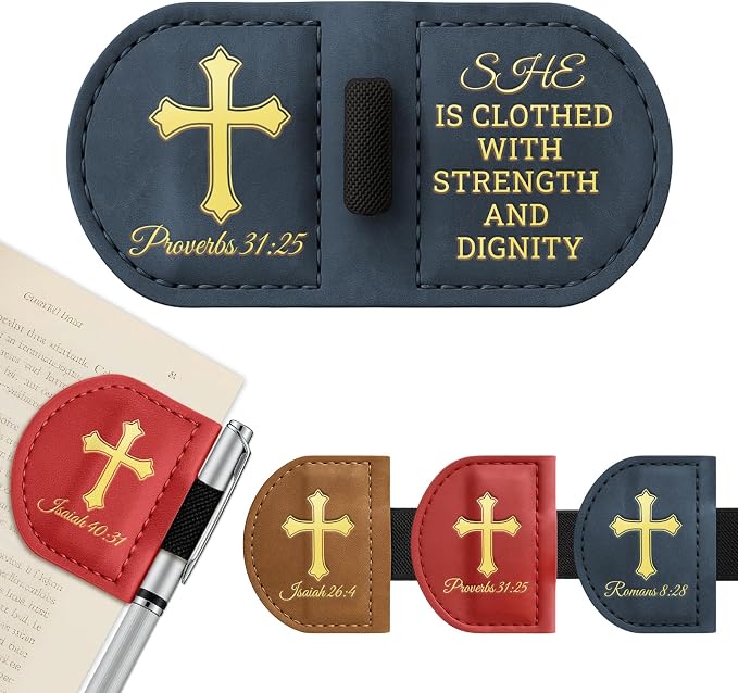 Personalized Magnetic Leather Bookmark with Pen Holder - Bygone Mark Custom Bible Verse Bookmarker,Book Marker for Men & Women,Book Lovers,Readers,Church(Blue,Proverbs 31:25)