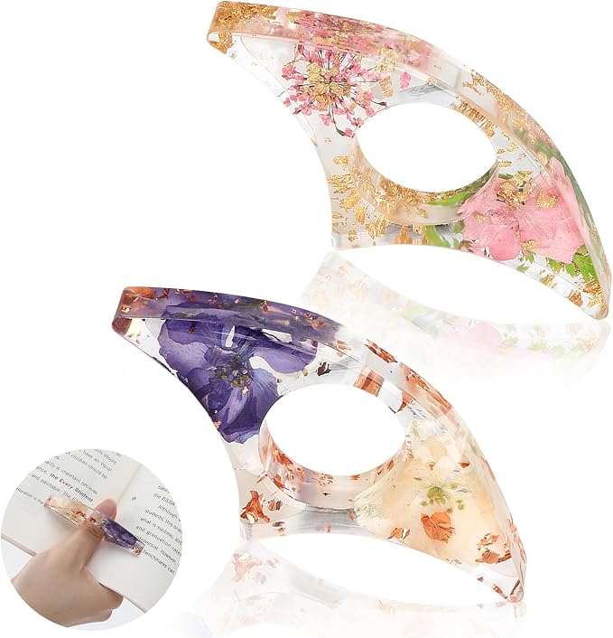 2 Pcs Thumb Book Page Holder Dried Flower Resin Book Page Holder Bookmark Reading Accessories for Book Lovers Transparent Book Opener Holder Bookmarks Gifts for Books Lovers Readers Students Teachers