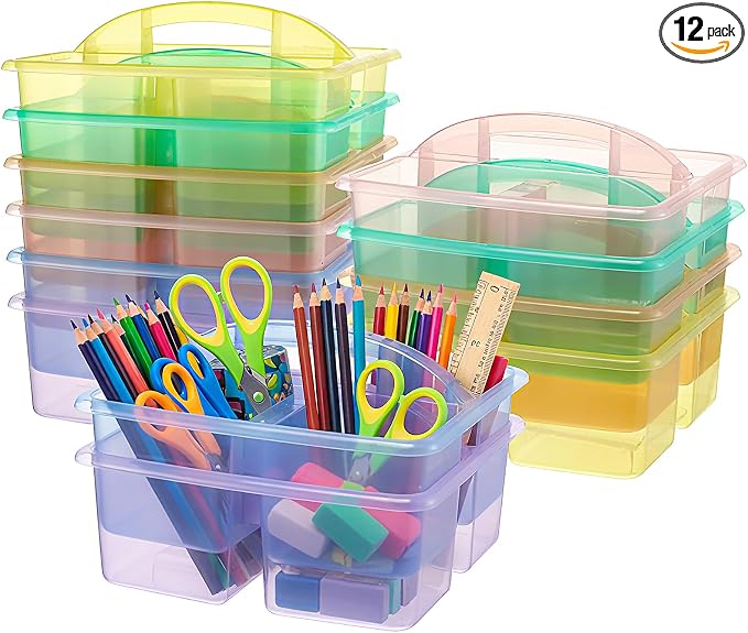 Threehoney 12 Pack Classroom Caddy Storage Basket with Handle 3 Compartment Plastic Storage Caddy Bulk for Arts Office Crafts Pencil Crayon Marker School Supplies (Transparent)